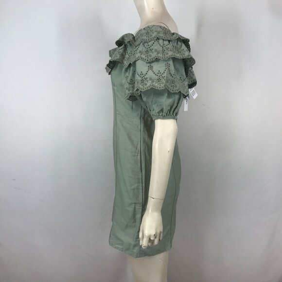TOPSHOP - WOMEN'S 6 - GREEN SHORT SLEEVE ROUND  EYELET RUFFLE NECK COTTON DRESS - Picture 2 of 7